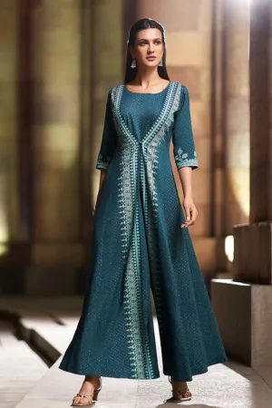 LIVAECO Teal Printed Flared Mock Layered Kimono Jumpsuit