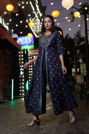 Navy Bue Mock Layered Kimono Jumpsuit