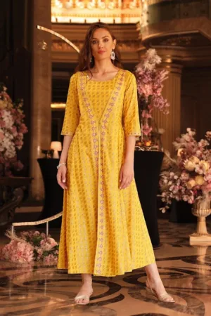 Yellow Glitter Printed Mock Layered Embellished Kimono Jumpsuit