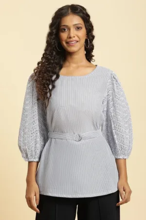 Blue And White Stripe Printed Top With Embroidered Sleeves