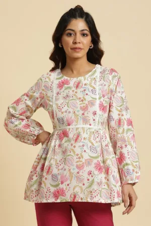 Ecru Gathered Top With Bright Floral Print