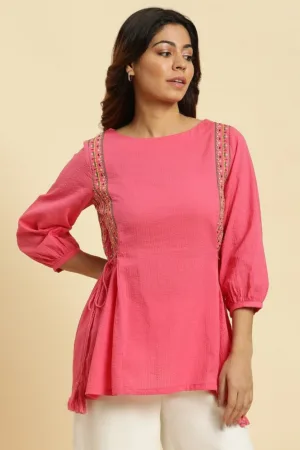 Pink Embroidered Solid Top With Side Tie-Up