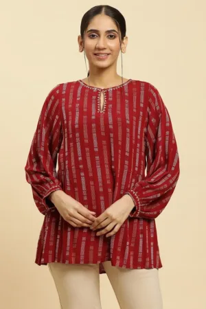 Maroon Gathered Top With Embroidery