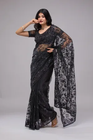 Black Sequins Net Saree