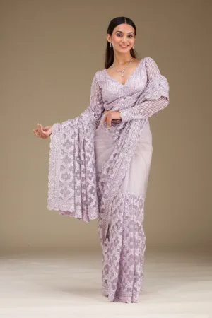 Lavender Threadwork Net Saree