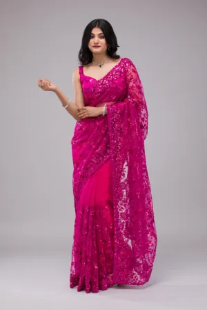 Magenta Pink Sequins Net Saree