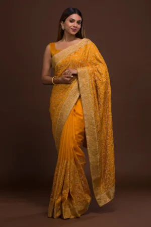 Mustard Zari Work Raw Silk Saree
