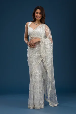 Off White Sequins Net Saree