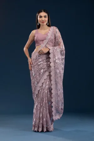 Onion Pink Sequins Net Saree