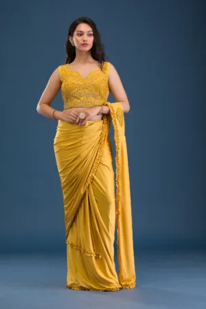Mustard Sequins Lycra Readymade Saree