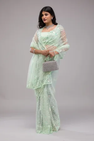 Pista Green Sequins Net Saree