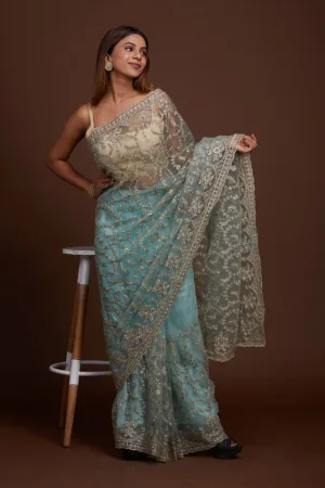 Sea Green Zariwork Net Designer Saree