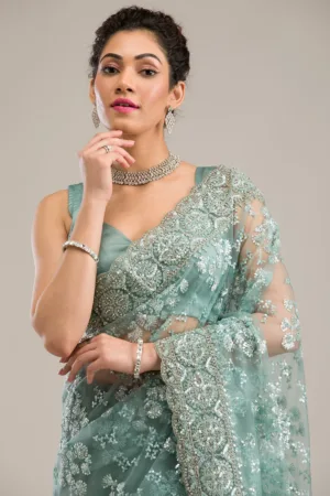Sea Green Zariwork Net Saree