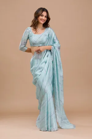 Sea Green Printed Satin Saree