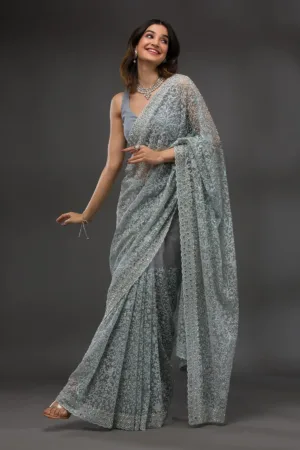 Sky Blue Stonework Net Saree