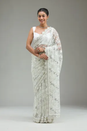 Off White Threadwork Net Saree