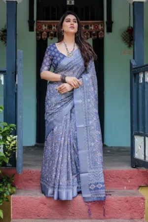 Steel Blue Pure Cotton Linen Saree