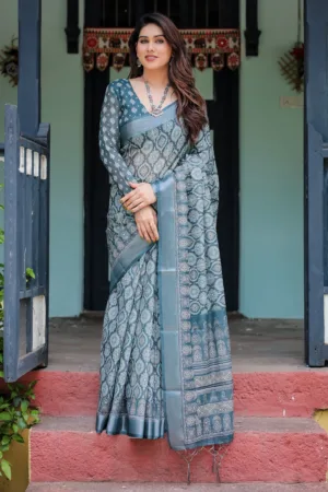 Teal Blue Pure Cotton Linen Saree