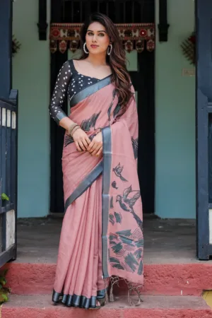 Blush Pink Pure Cotton Linen Saree