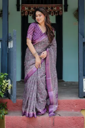 Elegant Purple Cotton Linen Saree