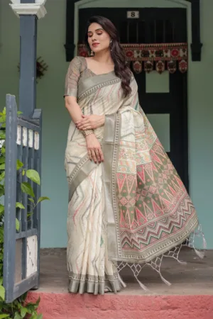 Cream and Olive Green Pure Cotton Linen Saree