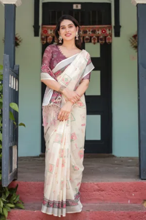Off-white Pure Cotton Linen Saree