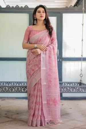 Elegant Rose Pink Pure Cotton Linen Saree