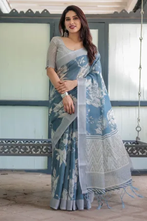 Pastel Blue Floral and Geometric Printed Cotton Linen