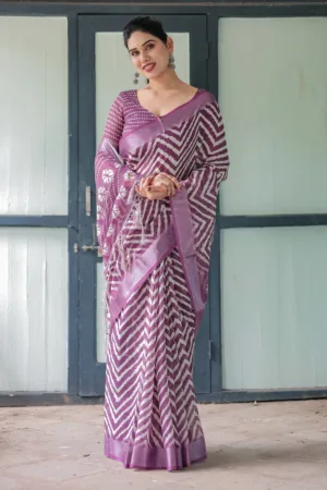 Purple and White Zigzag Patterned Pure Cotton Linen Saree