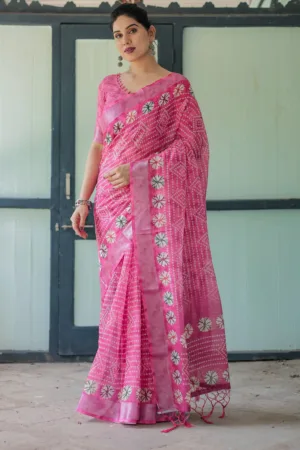 Fuchsia Pink Handcrafted Cotton Linen Saree