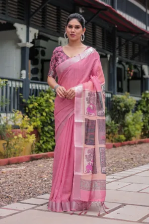 Pink Pure Cotton Linen Saree