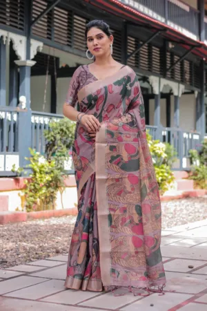 Pastel Peach Kalamkari Design Pure Cotton Linen Saree with Blouse and Tassels