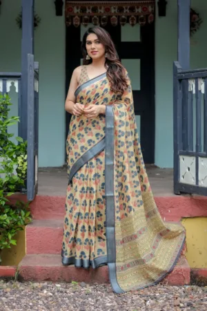 Beige and Charcoal Pure Cotton Linen Saree