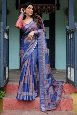 Navy Blue & Red Pure Cotton Linen Saree