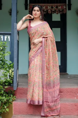 Beige and Rust Pure Cotton Linen Saree