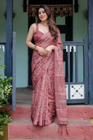 Rust Red Pure Cotton Linen Saree