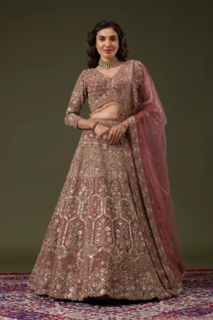 Onion Pink Sequins Net Readymade Lehenga