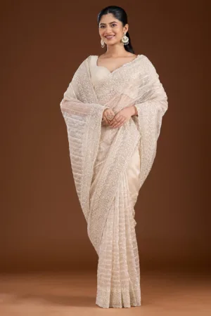 Off White Sequins Net Saree