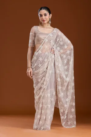 Beige Sequins Net Saree