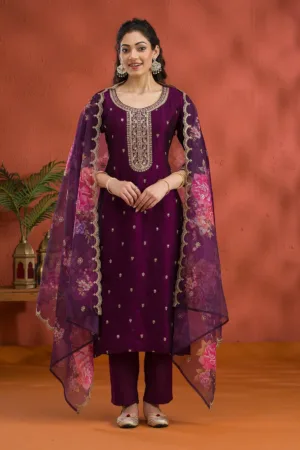 Purple Threadwork Raw Silk Readymade Salwar Suit
