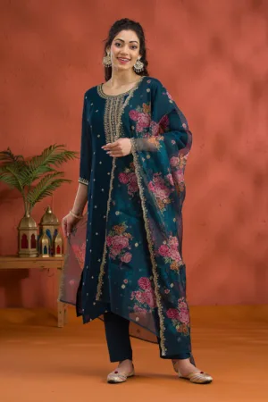Peacock Blue Threadwork Raw Silk Readymade Salwar Suit