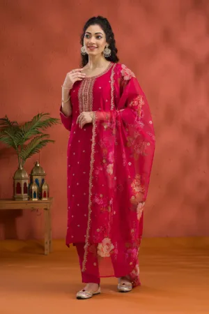 Rani Pink Threadwork Raw Silk Readymade Salwar Suit