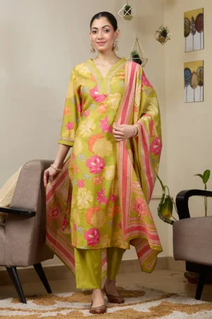 Pista Green Cording Soft Raw Silk Readymade Salwar Suit