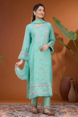 Sea Green Threadwork Chanderi Readymade Salwar Suit