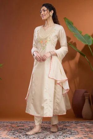 Beige Cording Chanderi Readymade Salwar Suit