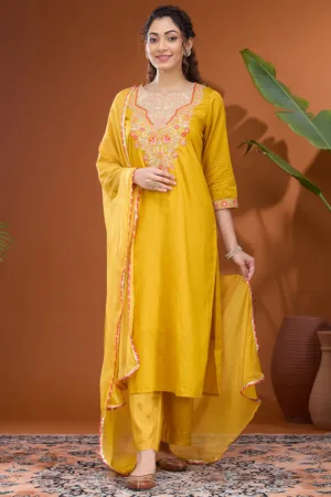 Mustard Yellow Threadwork Chanderi Readymade Salwar Suit